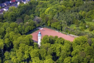 Aerial view, water tower in Volkspark Sodingen with sports field Am Volkspark, Börnig, Herne, Ruhr