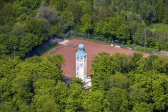 Aerial view, water tower in Volkspark Sodingen with sports field Am Volkspark, Börnig, Herne, Ruhr