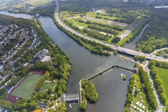 Aerial photograph, Stiftsmühle dam and power station, city boundary between Herdecke and Hagen,
