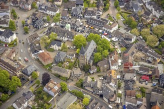 Aerial view, town hall and protestant church in the old town, market and market stalls, Herdecke,