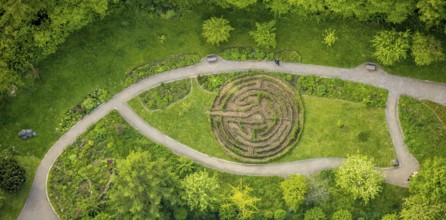 Aerial view, herb garden and labyrinth at the community hospital Herdecke, Westende, Herdecke, Ruhr