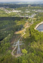 Aerial view, high-voltage power line, power line, Wittbräucke, Herdecke, Ruhr area, North