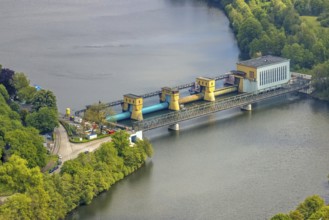 Aerial view, run-of-river power station Hengstey, city border between Herdecke and Hagen, Vorhalle,