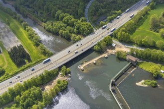 Aerial view, bridge of the A1 motorway over the Volme at the Stiftsmühle dam on the Ruhr, city