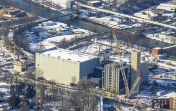 Aerial view, construction site STEAG construction project gas-fired power plant and steam power