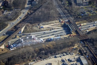 Aerial view, construction site bridge construction at Herne motorway junction, railway bridge, arch