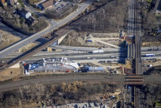 Aerial view, construction site bridge construction at Herne motorway junction, railway bridge, arch