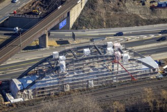 Aerial view, construction site bridge construction at Herne motorway junction, railway bridge, arch