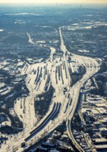 Aerial view, Wanne-Eickel main station, signal box, railway tracks in the snow, Baukau-West, Herne,