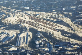 Aerial view, Wanne-Eickel main station, signal box, railway tracks in the snow, Baukau-West, Herne,