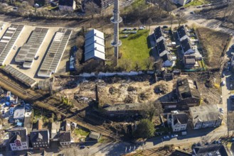 Aerial view, garage yard Mulvanystraße, transmission mast, construction site demolition site,