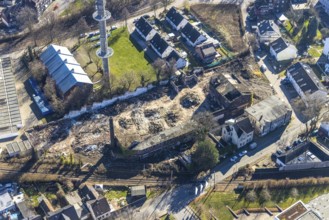 Aerial view, garage yard Mulvanystraße, transmission mast, construction site demolition site,