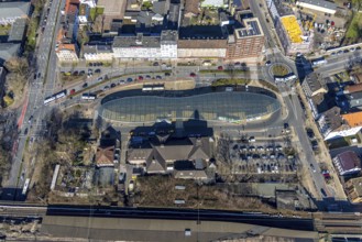 Aerial view, Herne main station, futuristic bus station, Baukau, Herne, Ruhr area, North