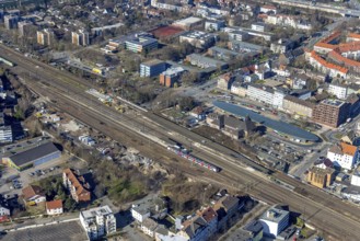 Aerial view, Herne main station, futuristic bus station, Baukau, Herne, Ruhr area, North