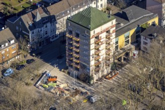 Aerial view, construction site World War II bunker with new flats, Kurt-Edelhagen-Platz, Sodingen,