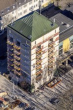 Aerial view, construction site World War II bunker with new flats, Kurt-Edelhagen-Platz, Sodingen,