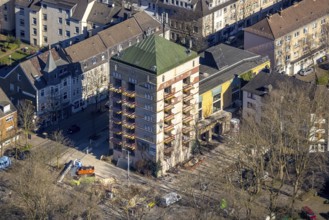 Aerial view, construction site World War II bunker with new flats, Kurt-Edelhagen-Platz, Sodingen,