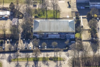 Aerial photo, current vaccination centre in the sports hall in Revierpark Gysenberg, Börnig, Herne,