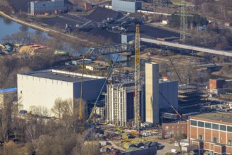 Aerial photo, STEAG combined heat and power plant Herne on the Rhine-Herne Canal, construction site