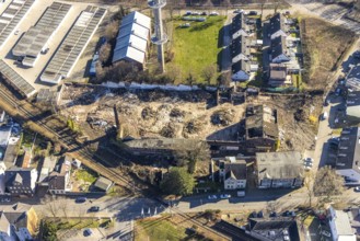 Aerial view, garage yard Mulvanystraße, transmission mast, construction site demolition site,
