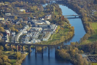 Aerial view, Ruhr viaduct and Ruhr-Aue district with Ruhr promenade on the Ruhr river in Herdecke,