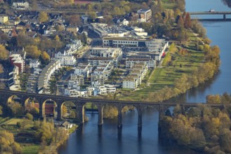 Aerial view, Ruhr viaduct and Ruhr-Aue district with Ruhr promenade on the Ruhr river in Herdecke,