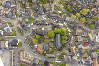 Aerial view, market, weekly market market, old town with town hall, market and market stalls,
