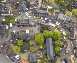 Aerial view, market, weekly market market, old town with town hall, market and market stalls,