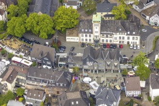 Aerial view, market, weekly market market, old town with town hall, Herdecke, Ruhr area, North