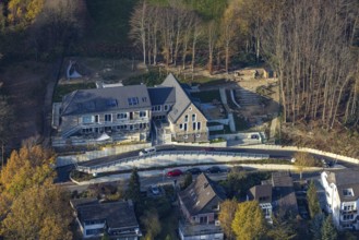 Aerial view, construction site and new building for a Waldorf kindergarten on Bergweg in the