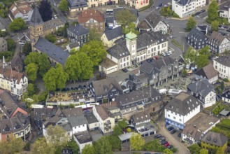 Aerial view, market, weekly market market, old town with town hall, Herdecke, Ruhr area, North