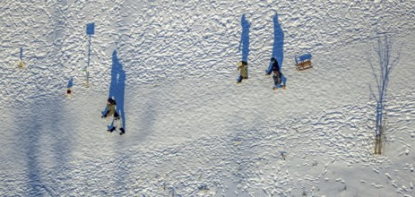 Aerial view, snow walk in Flottmannpark, Herne-Süd, Herne, Ruhr area, North Rhine-Westphalia,