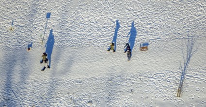 Aerial view, snow walk in Flottmannpark, Herne-Süd, Herne, Ruhr area, North Rhine-Westphalia,