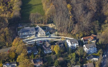 Aerial view, construction site and new building for a Waldorf kindergarten on Bergweg in the