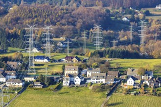 Aerial view, power line in the district of Ostende in Herdecke, Ruhr area, North Rhine-Westphalia,
