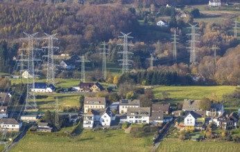 Aerial view, power line in the district of Ostende in Herdecke, Ruhr area, North Rhine-Westphalia,