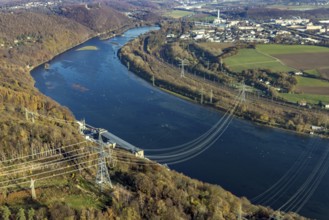 Aerial view, power pole and power line at the Köpchenwerk over the Hengsteysee in Herdecke, Ruhr