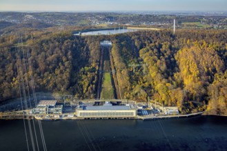 Aerial view, Köpchenwerk RWE pumped storage power plant and storage reservoir in Herdecke, Ruhr