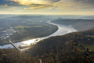Aerial view, Hengsteysee in backlight with the Köpchenwerk RWE pumped storage power plant between