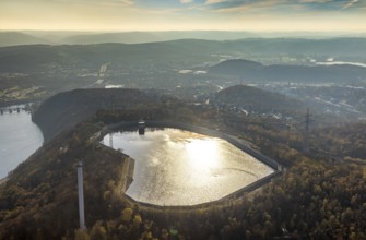 Aerial view, reservoir at Köpchenwerk in backlight in the district Wittbräucke in Herdecke, Ruhr