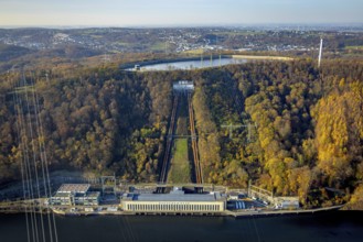 Aerial view, Köpchenwerk RWE pumped storage power plant and storage reservoir in Herdecke, Ruhr