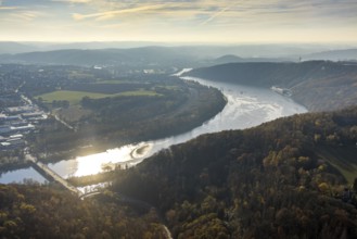 Aerial view, Hengsteysee in backlight with the Köpchenwerk RWE pumped storage power plant between