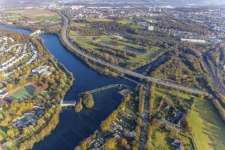 Aerial view, dam and power plant Stiftsmühle at the river Ruhr in Herdecke, Ruhr area, North