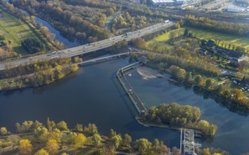 Aerial view, dam and power plant Stiftsmühle at the river Ruhr in Herdecke, Ruhr area, North