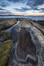 Rocky coastline with water puddles and grass during a sunset-lit evening, Skjeberg, Sarpsborg,