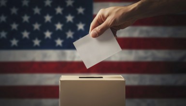 Hand Holding Ballot And Ballot Box Placed On American Flag, Symbolizing Voting In The United States