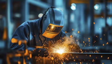 Metalworker Uses Electric Torch To Weld Steel, Wearing Mask For Safety. Skilled Laborer Works In