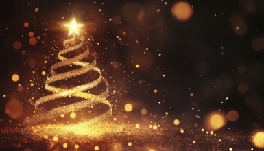 Beautiful Christmas Spiral Tree With Blurred Lights Effect And Sparkling Magic Dust Particles,