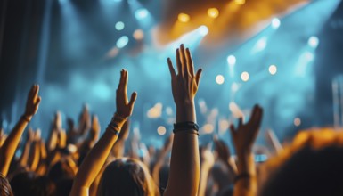 Rock Concert Fans Clap Hands And Wave In Club With Blue Bright Stage Lights, Enjoying Dj Show At