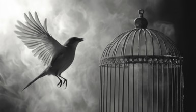 Black And White Hand Drawn Image Capturing Birds Soaring Out Of A Cage - A Detailed Illustration Of